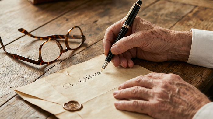 Nahaufnahme von Händen einer älteren Person, die mit einem edlen Kugelschreiber ein wichtiges Dokument auf einem Holztisch unterzeichnet. Eine Lesebrille liegt griffbereit daneben.