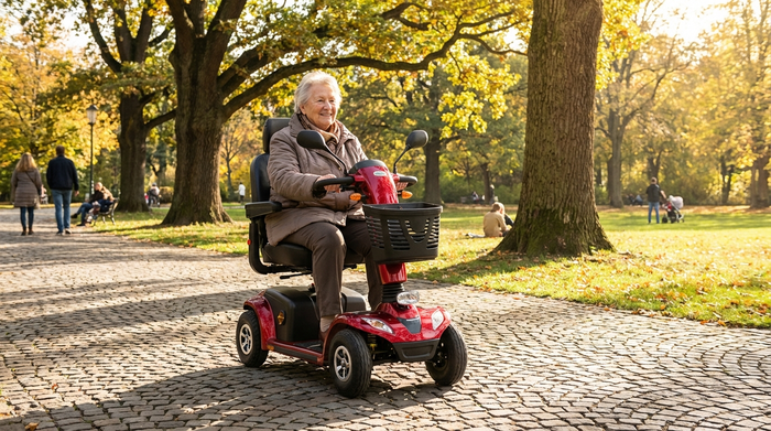 Eine ältere Frau fährt mit einem modernen, roten Elektromobil sicher über einen gepflasterten Weg in einem sonnigen Park mit großen Bäumen. Sie lächelt zufrieden und entspannt.
