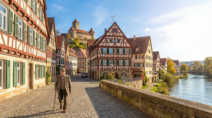 Eine malerische Ansicht der historischen Altstadt von Esslingen am Neckar mit Fachwerkhäusern und der Burg im Hintergrund an einem sonnigen Tag. Ein rüstiger Senior spaziert entspannt mit einem Gehstock über das Kopfsteinpflaster.