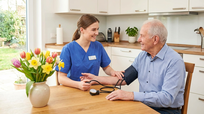 Eine professionelle Pflegekraft in blauer Berufskleidung misst liebevoll den Blutdruck eines älteren Herrn am Küchentisch. Eine saubere, gut beleuchtete Küche mit frischen Blumen auf dem Tisch.
