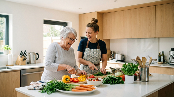 Zwei Frauen, eine ältere Seniorin und eine jüngere Betreuungskraft, kochen gemeinsam in einer modernen Küche. Sie lachen und schneiden frisches Gemüse. Die Stimmung ist harmonisch und freundschaftlich.