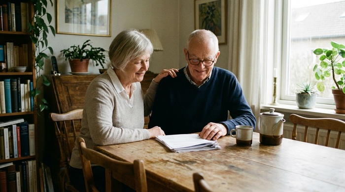 Ein älteres Ehepaar sitzt gemeinsam am Esstisch und schaut entspannt auf einige Dokumente. Eine Tasse Kaffee steht daneben. Die Atmosphäre ist ruhig und erleichtert.