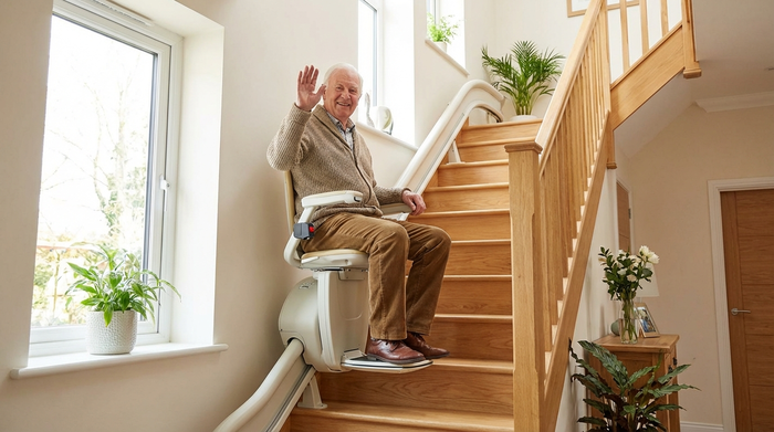 Ein moderner Treppenlift ist an einer hellen Holztreppe in einem gepflegten Einfamilienhaus installiert. Ein älterer Herr fährt sicher und bequem in das obere Stockwerk und lächelt zufrieden.