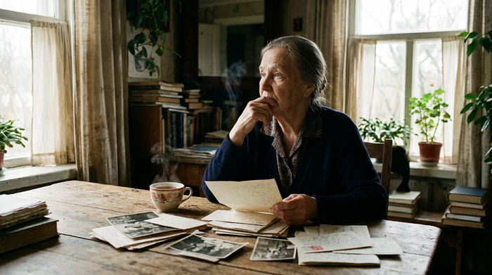 Ein realistisches Foto einer älteren Frau, die nachdenklich an einem Holztisch sitzt und Papiere sortiert. Eine Tasse Tee steht neben ihr. Weiches Tageslicht fällt durch das Fenster. Keine Schriftzeichen.
