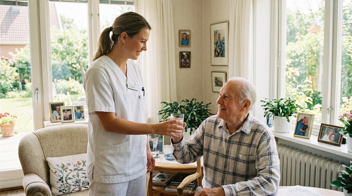 Eine freundliche Pflegekraft in weißer Berufskleidung reicht einem lächelnden Senior ein Glas Wasser in einem hellen, gemütlichen Zimmer mit Blick auf einen Garten. Authentische Pflegesituation, klare Details.