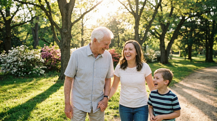 Eine glückliche Familie, bestehend aus Großvater, Tochter und Enkelkind, spaziert lachend durch einen sonnigen Park. Realistische Darstellung, harmonische Atmosphäre, grüne Natur im Hintergrund.