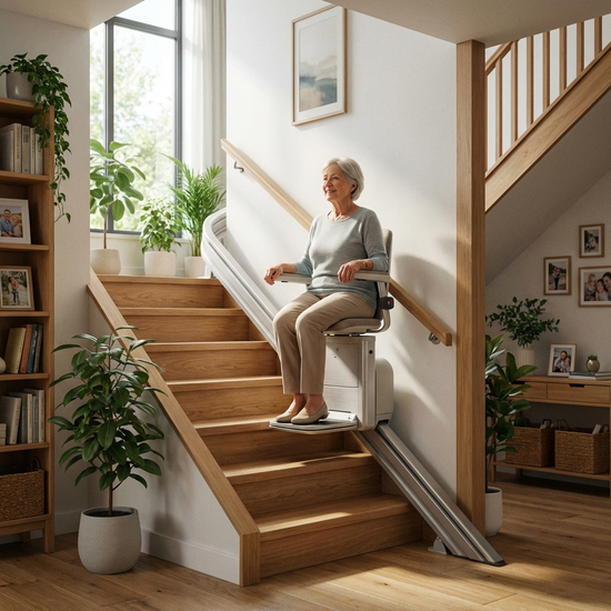 Ein moderner, unauffälliger Treppenlift in einem gepflegten Einfamilienhaus. Eine ältere Dame fährt sicher und entspannt die Holztreppe hinauf. Helles, einladendes Wohnumfeld, fotorealistisch.