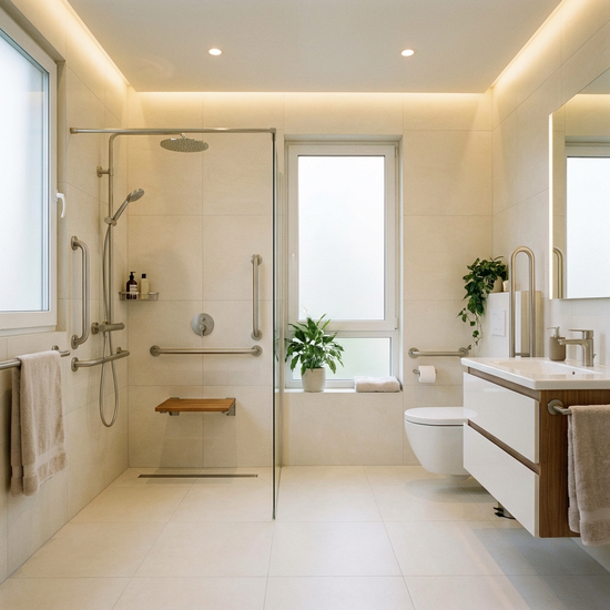 Ein helles, barrierefreies Badezimmer mit einer bodengleichen Dusche und Haltegriffen. Modernes Design, saubere Fliesen, warme Beleuchtung. Keine Beschriftungen.