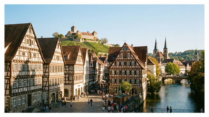 Blick auf die historische Altstadt von Esslingen am Neckar an einem sonnigen Tag. Im Vordergrund alte Fachwerkhäuser und Kopfsteinpflaster, im Hintergrund die Esslinger Burg umgeben von grünen Weinbergen. Klare, realistische Fotografie.