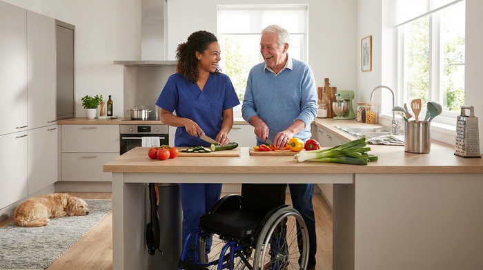 Eine liebevolle Betreuungskraft kocht gemeinsam mit einem lächelnden älteren Herrn in einer modernen, barrierefreien Küche. Beide schneiden frisches Gemüse. Entspannte, familiäre Stimmung im eigenen Zuhause.