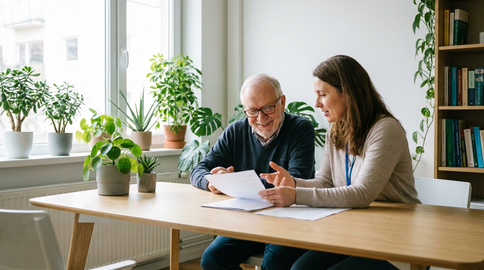 Ein älterer Herr sitzt gemeinsam mit einer empathischen Sozialarbeiterin an einem hellen Holztisch. Sie besprechen aufmerksam Dokumente in einem modernen, freundlichen Beratungsbüro mit Zimmerpflanzen im Hintergrund.