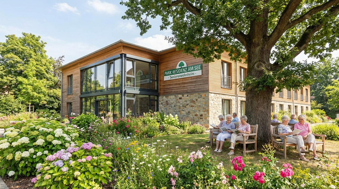 Eine gepflegte Außenansicht eines modernen Seniorenwohnheims mit einem blühenden Garten. Mehrere Senioren sitzen entspannt auf Holzbänken unter großen Bäumen und genießen die sonnige Atmosphäre.