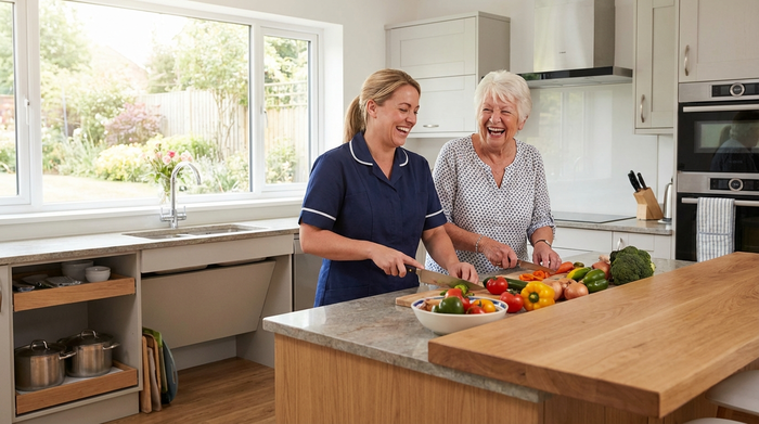 Eine freundliche Betreuungskraft kocht gemeinsam mit einer vitalen Seniorin in einer modernen, barrierefreien Küche. Beide lachen herzlich und bereiten frisches Gemüse zu.