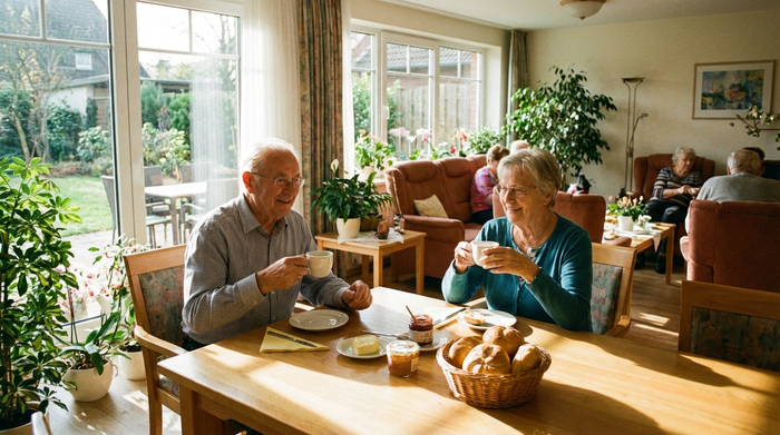 Ältere Dame und Herr sitzen entspannt gemeinsam an einem sonnigen Frühstückstisch in einer gemütlichen Senioreneinrichtung. Kaffeetassen und frische Brötchen stehen auf dem Tisch. Helle, freundliche und realistische Umgebung ohne Text.