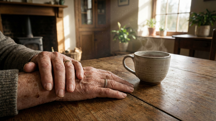 Detailreiche, fotorealistische Nahaufnahme von den Händen einer älteren Person, die beruhigt auf einem sauberen Holztisch ruhen. Eine warme Tasse Tee steht daneben. Friedliche und sorgenfreie Stimmung im Raum.