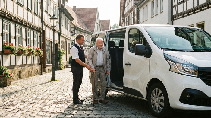 Ein moderner, weißer Kleinbus mit geöffneter Schiebetür steht in einer gepflegten, historischen Straße. Ein freundlicher Fahrer hilft einem lächelnden Senior schonend beim Einsteigen. Sonniges Wetter, realistische Szene ohne lesbare Logos.
