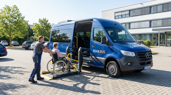 Ein rollstuhlgerechter Kleinbus mit ausgefahrener hydraulischer Hebebühne. Ein Fahrer schiebt einen manuellen Rollstuhl sicher auf die Plattform. Hohe Detailtreue, sonniges Wetter, klare Umgebung.
