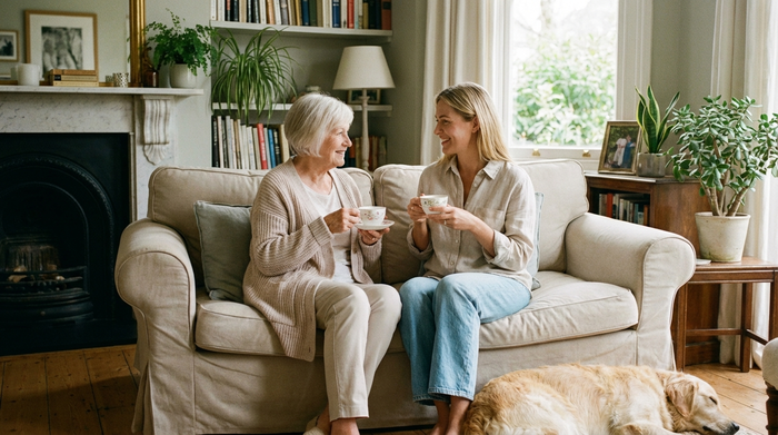 Eine entspannte ältere Dame und ihre erwachsene Tochter sitzen gemeinsam auf einem Sofa in einem gemütlichen Wohnzimmer. Beide lächeln sich liebevoll an und trinken Tee. Entspannte, harmonische Stimmung.