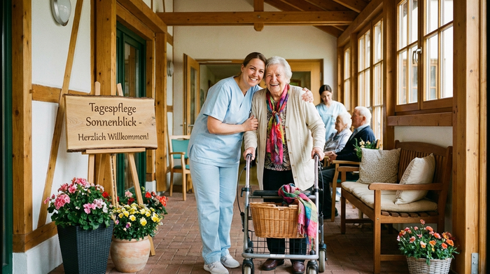 Eine herzliche Begrüßung am Eingang einer Tagespflege. Eine ältere Dame mit Rollator wird von einer lächelnden Pflegekraft willkommen geheißen. Freundliches, vertrauensvolles Ambiente.