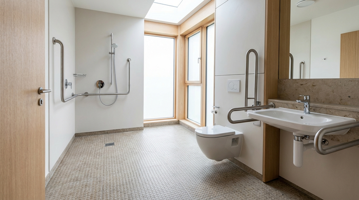 Ein modernes, barrierefreies Badezimmer mit einem sicheren, rutschfesten Boden und Haltegriffen an der Wand. Helles, sauberes Design, keine Personen im Bild, realistische Fotografie.