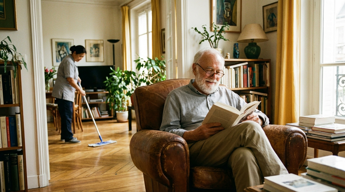 Ein älterer Herr sitzt entspannt in seinem gepflegten Wohnzimmer und liest ein Buch, während im Hintergrund eine Reinigungskraft unauffällig den Boden wischt. Helles Tageslicht, harmonische Atmosphäre, keine Schriftzüge.