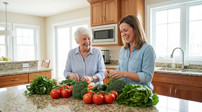 Eine engagierte Alltagsbegleiterin räumt zusammen mit einer Seniorin frische Lebensmittel in die Küche ein. Frisches Gemüse auf der Arbeitsplatte, saubere und moderne Küche, fröhliche Gesichter, realistische Fotografie ohne Text.