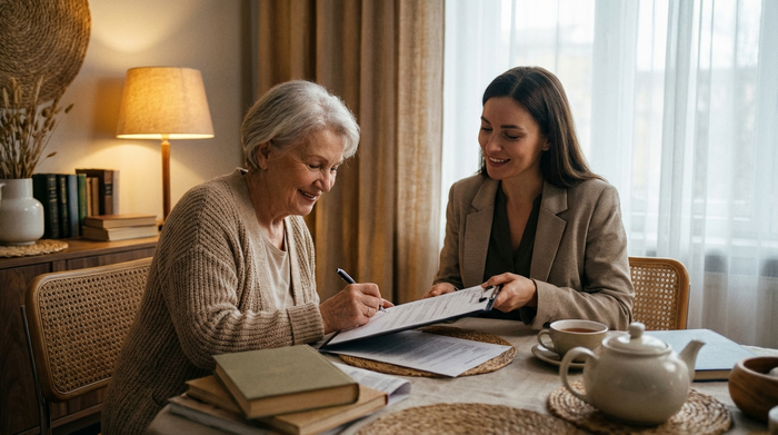 Eine lächelnde ältere Frau unterschreibt entspannt ein Dokument auf einem Klemmbrett, das ihr von einer freundlichen Beraterin gereicht wird. Aufgeräumter Esstisch, warme Beleuchtung, vertrauensvolle Stimmung, keine lesbaren Texte.