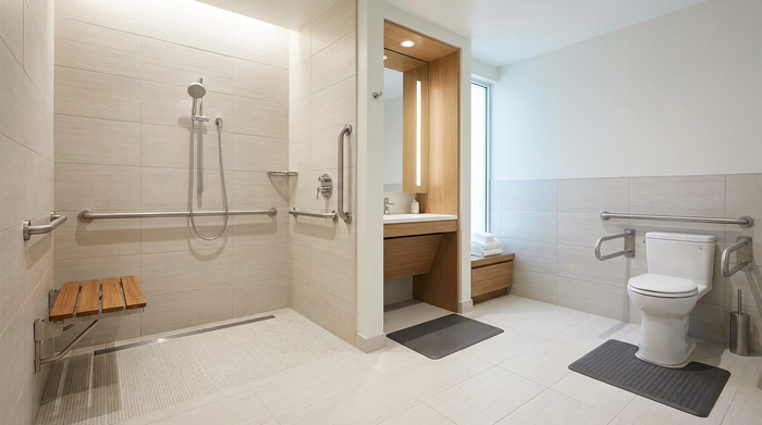 Ein modernes, barrierefreies Badezimmer mit einem sicheren, ebenerdigen Duschbereich und Haltegriffen. Helle Fliesen, sauberes und sicheres Umfeld für Senioren, ohne Text oder Labels.