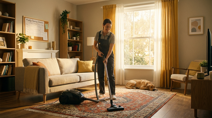 Eine Reinigungskraft saugt den Teppich in einem aufgeräumten, gemütlichen Wohnzimmer. Helles Tageslicht, ordentliche Umgebung, Fokus auf Haushaltsführung.