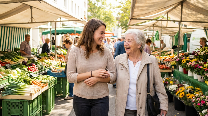 Eine Alltagsbegleiterin hakt eine ältere Dame liebevoll unter, während sie gemeinsam über einen sonnigen Wochenmarkt spazieren. Frisches Gemüse im Hintergrund, entspannte Atmosphäre.