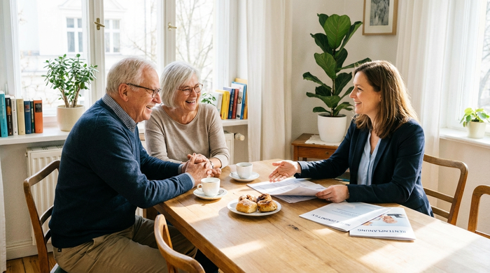 Ein älteres Ehepaar sitzt mit einer freundlichen Beraterin am Tisch und bespricht entspannt Dokumente. Helle, freundliche Atmosphäre, Fokus auf Beratung und Unterstützung.