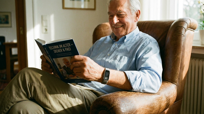Ein moderner, unauffälliger Hausnotruf-Knopf am Handgelenk eines Seniors, der entspannt in einem Sessel ein Buch liest. Fokus auf Sicherheit und Technik im Alter.
