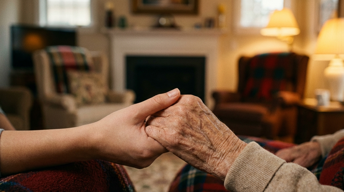 Zwei Hände, eine jung und eine alt, halten sich vertrauensvoll. Im Hintergrund leicht unscharf ein gemütliches Wohnzimmer. Warme Farbtöne, emotionale und beruhigende Stimmung.