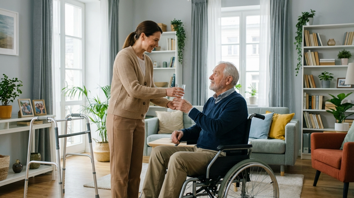 Eine professionelle Betreuungskraft in ziviler, gepflegter Kleidung reicht einem älteren Herrn im Rollstuhl ein Glas Wasser. Helles, aufgeräumtes Wohnzimmer, freundliche und respektvolle Interaktion, realistische häusliche Pflegesituation.