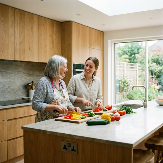 Eine Betreuungskraft und eine Seniorin kochen gemeinsam in einer modernen, sauberen Küche. Sie schneiden frisches Gemüse, beide lachen entspannt. Gemütliche und alltagsnahe Situation ohne medizinische Geräte.