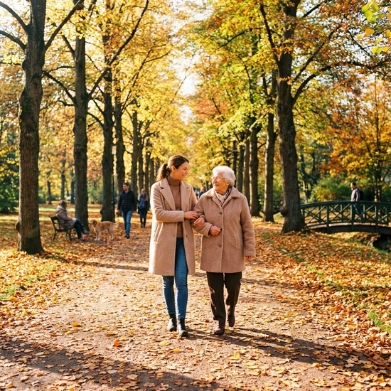 Ein Spaziergang im Park: Eine jüngere Betreuerin hakt eine ältere Dame unter, beide spazieren an einem sonnigen Herbsttag durch eine von Bäumen gesäumte Allee.