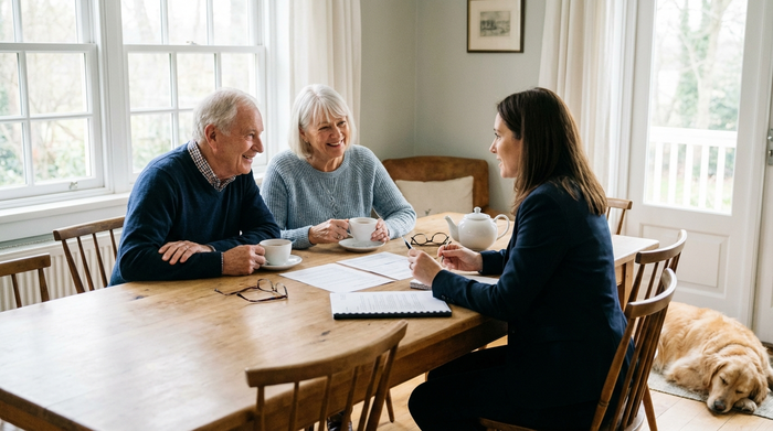 Ein älteres Ehepaar sitzt mit einer Beraterin am Esstisch und bespricht Dokumente. Seriöse, vertrauensvolle Atmosphäre, helle Beleuchtung, Tassen mit Tee auf dem Tisch.