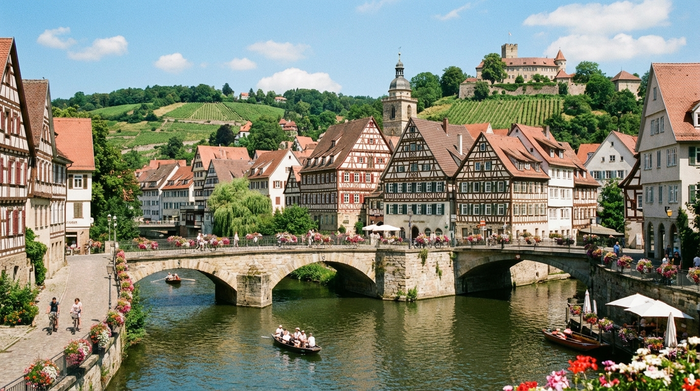 Blick auf die historische Altstadt von Esslingen am Neckar an einem sonnigen Tag. Fachwerkhäuser, alte Brücken und grüne Hügel im Hintergrund. Friedliche, idyllische Stadtansicht.