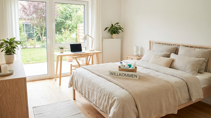 Ein helles, freundlich eingerichtetes Gästezimmer mit einem bequemen Bett, einem kleinen Schreibtisch und einem großen Fenster mit Tageslicht. Einladend und sauber, bereit für den Einzug einer Betreuungskraft.
