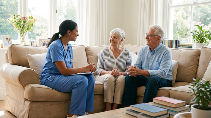 Eine freundliche Beraterin in medizinischer Arbeitskleidung spricht in einem hellen Wohnzimmer mit einem älteren Ehepaar. Sie sitzen gemeinsam auf einem gemütlichen Sofa. Vertrauensvolle Atmosphäre, realistische Szene, keine Schriften.