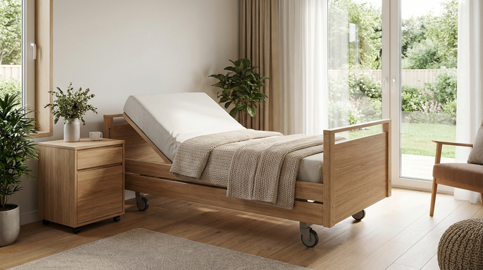 Ein hochmodernes, holzverkleidetes Pflegebett in einem aufgeräumten, freundlichen Zimmer. Die Rückenlehne ist leicht aufgestellt. Eine weiche Decke liegt auf dem Bett. Neben dem Bett steht ein hölzerner Nachttisch. Keine Schriften, fotorealistisch.
