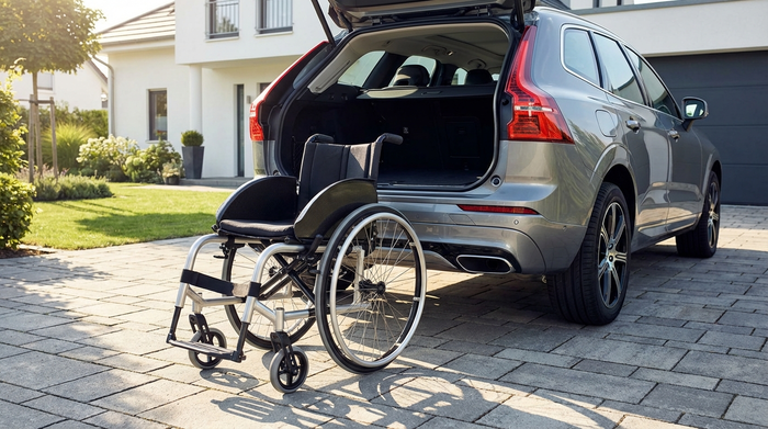 Ein leichter, moderner Aluminium-Rollstuhl steht zusammengeklappt neben dem geöffneten Kofferraum eines Autos. Eine gepflasterte Auffahrt, sonniges Wetter. Realistische Darstellung, saubere Umgebung, keine Texte.