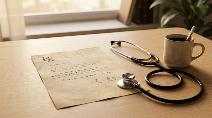 Ein ärztliches Rezept liegt auf einem hellen Holztisch neben einem Stethoskop und einer Tasse Kaffee. Warme Beleuchtung, professionelle und ruhige Atmosphäre. Keine lesbaren Texte, fotorealistisch.