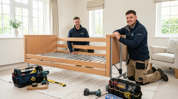 Zwei freundliche Handwerker in sauberer Arbeitskleidung montieren den Rahmen eines Pflegebettes in einem Schlafzimmer. Werkzeug liegt ordentlich bereit. Helle Beleuchtung, professionelle Arbeitssituation, ohne Text.