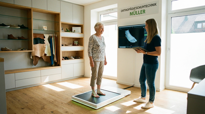 Eine moderne, helle Praxis eines Orthopädieschuhmachers. Eine ältere Dame steht barfuß auf einer beleuchteten, digitalen 3D-Scanner-Plattform zur präzisen Fußvermessung.