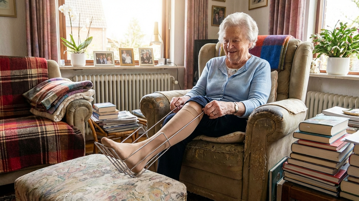 Eine ältere Frau sitzt in ihrem gemütlichen Wohnzimmer und nutzt ein metallenes Drahtgestell als Anziehhilfe, um mühelos und ohne tiefes Bücken in ihren Kompressionsstrumpf zu schlüpfen.