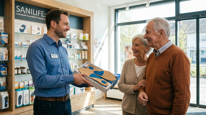 Ein freundlicher, empathischer Fachberater in einem modernen Sanitätshaus überreicht einem lächelnden Seniorenpaar ein Paar maßgefertigte orthopädische Einlagen.