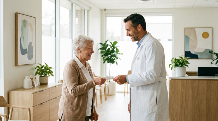 Ein freundlicher Arzt in weißem Kittel überreicht einer lächelnden Seniorin in einer modernen, hellen Praxis ein Rezept. Vertrauensvolle, entspannte Atmosphäre, fotorealistisch und ohne Text.