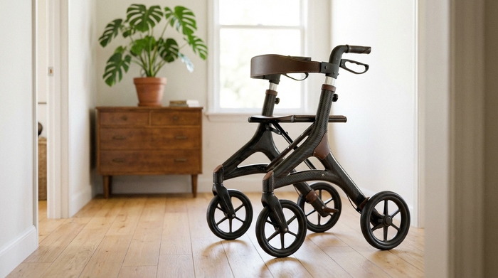 Ein eleganter, leichter Carbon-Rollator steht ordentlich in einem hellen, gemütlichen Hausflur. Im Hintergrund eine leicht unscharfe Holzkommode und eine grüne Zimmerpflanze. Realistischer Stil, ohne Text.