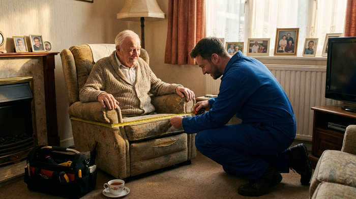 Ein sympathischer Reha-Techniker in blauer Arbeitskleidung kniet im Wohnzimmer und misst mit einem Maßband behutsam den Sesselbereich für einen älteren Herrn aus. Warmes Licht, authentische Szene.